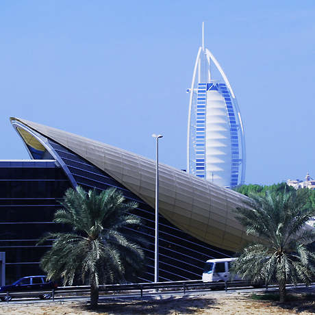 Burj Al Arab- Resembleing a billowing sail, a luxury Hotel, looks great in Dubai skyline.